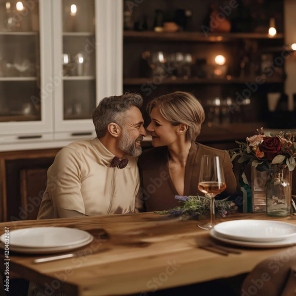 Fototapeta A festive Valentine’s Day scene with a couple enjoying a date at a cozy restaurant. The image highlights their affection and the warmth of the holiday’s romantic traditions.
