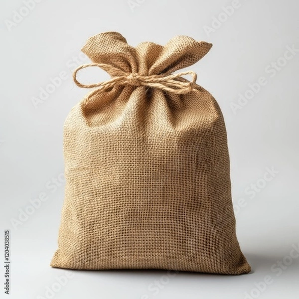 Fototapeta A burlap sack tied with twine against a white background.