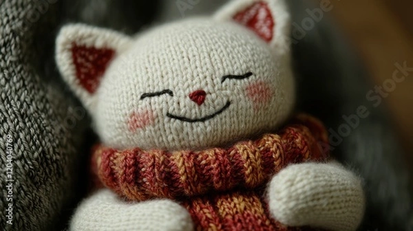 Fototapeta Cute knitted cat toy wrapped in a colorful scarf resting peacefully on a cozy blanket. Generative AI