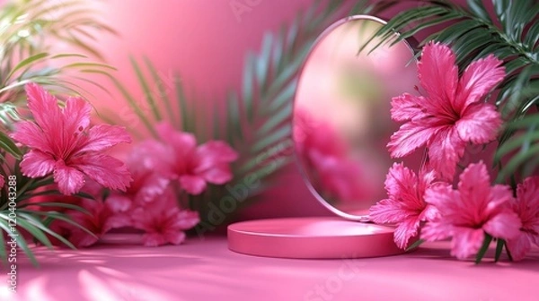 Fototapeta A vibrant pink floral arrangement with a round mirror reflecting the scene, set against a soft backdrop