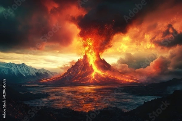 Fototapeta A dramatic landscape with a volcano erupting in the background.