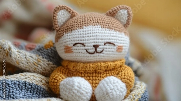 Fototapeta Cute crocheted cat toy with a warm sweater resting on a colorful blanket in a cozy indoor setting. Generative AI