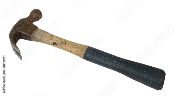 Fototapeta Isolated old wooden hammer tool with many scratches and spots of paint
