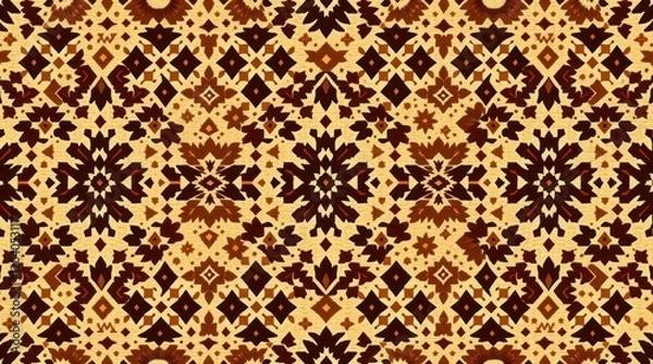 Fototapeta seamless pattern in natural earth tones. Browns and beiges create a muted color palette for the ikat geometric folklore ornament, a tribal ethnic vector texture in Aztec style.