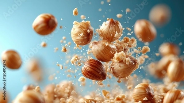 Fototapeta Flying hazelnuts surrounded by scattered crumbs against a blue background, creating a dynamic food scene