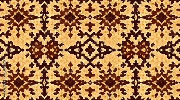 Fototapeta seamless pattern in natural earth tones. Browns and beiges create a muted color palette for the ikat geometric folklore ornament, a tribal ethnic vector texture in Aztec style.
