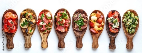 Fototapeta Brushetta or authentic traditional spanish tapas set for lunch table. Sharing antipasti on party or summer picnic time over white background. Top view, flat lay.