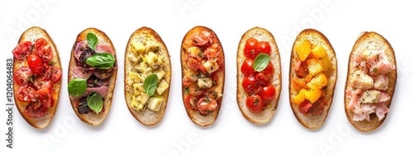 Fototapeta Brushetta or authentic traditional spanish tapas set for lunch table. Sharing antipasti on party or summer picnic time over white background. Top view, flat lay.