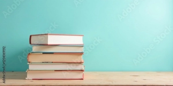 Fototapeta A Stack of Books on a Wooden Surface Against a Light Teal Background