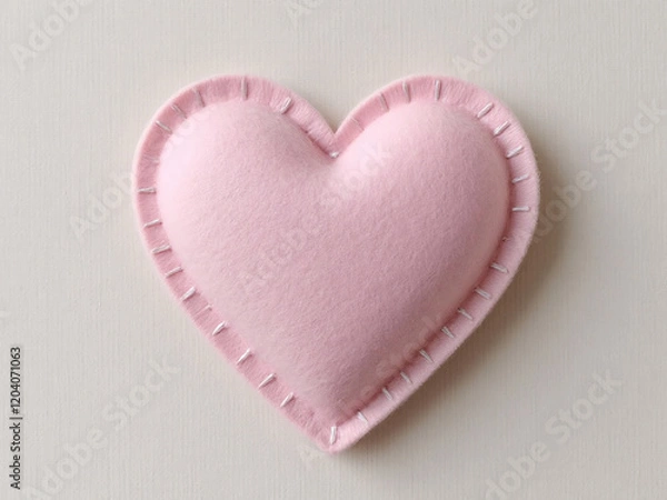Fototapeta Pink felt heart with stitching on light background.