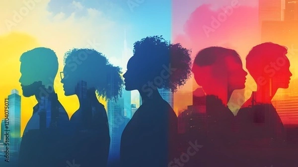 Obraz Silhouetted figures facing forward against a cityscape backdrop
