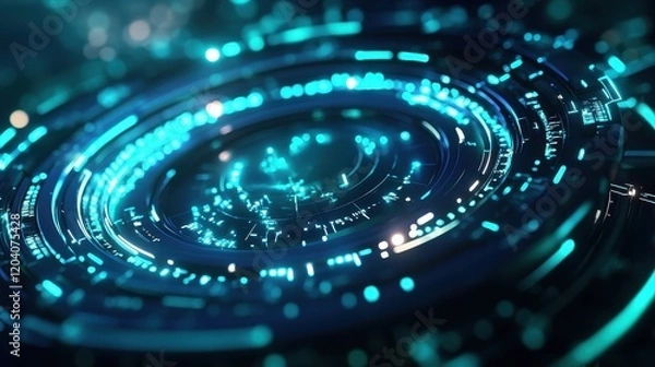 Fototapeta a futuristic virus design glowing with neon blue and green, high-tech holographic overlay, close up, focus on, copy space 