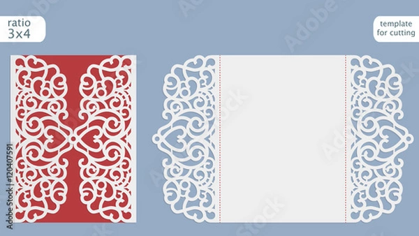 Fototapeta Laser cut wedding invitation card template vector.  Cut out the paper card with lace pattern.  Greeting card template for cutting plotter.
