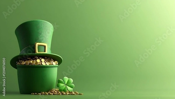 Obraz Green leprechaun hat, filled with gold coins and shamrocks. St. Patrick's Day.
