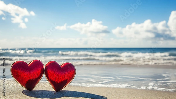 Obraz Two red hearts lie on a sandy beach, with the sea and sky blurring in the background.