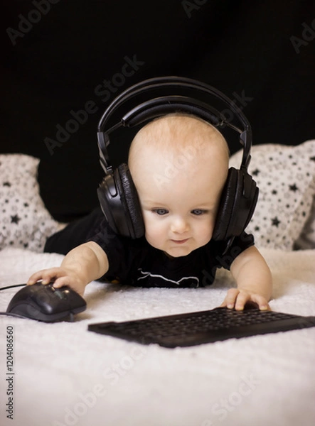 Obraz 
A child wearing headphones with a computer