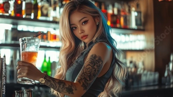 Fototapeta Bartender serving a craft beer with style at a bar in the evening