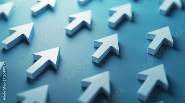 Fototapeta Many arrows pointing in different directions with one arrow showing main direction over blue background, solution, strategy, plan or success concept