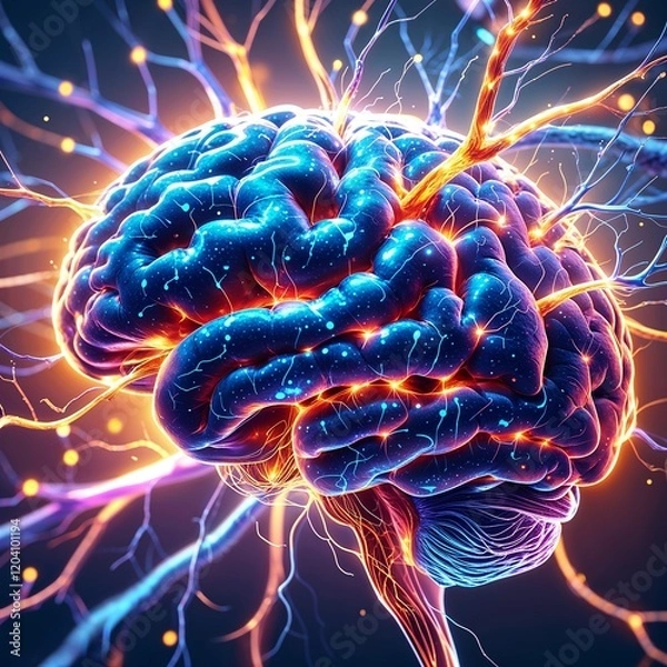 Fototapeta close up of human brain, neurons firing, neural extensions, cognitive learning plasticity