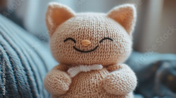 Fototapeta Cute handmade knitted cat doll with a cheerful expression resting on a cozy blanket indoors during a sunny afternoon. Generative AI