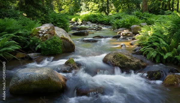 Fototapeta gently flowing stream surrounded by smooth stones and lush greenery, evoking calm and recovery