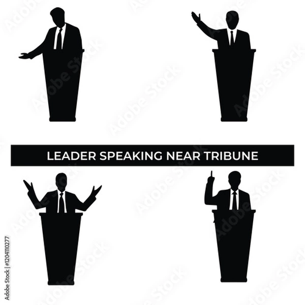 Obraz Vector Illustration of Leader Speaking Near Tribune. Wearing a Suit and Tie. Simple Flat Design Depicting Professional Leadership, Public Speaking, and Political Influence.