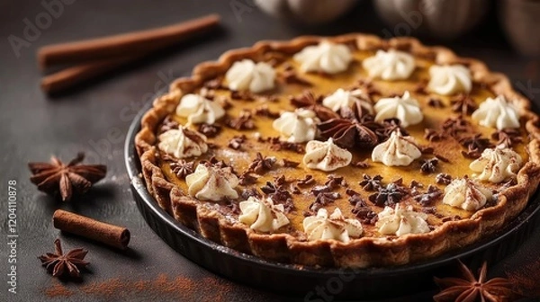 Obraz Pumpkin pie with cream topping and chocolate shavings garnished with star anise and cinnamon sticks on dark tabletop with Copy Space