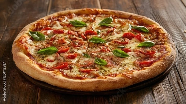 Obraz Freshly baked pizza topped with basil, tomatoes, and cheese on a wooden table with Copy Space for text placement.