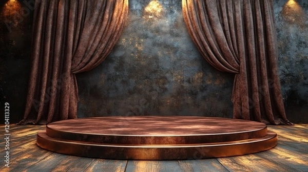 Fototapeta Elegant stage setup with brown curtains and spotlight, perfect for performances or presentations