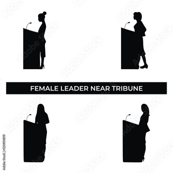 Fototapeta Vector Illustration of Female Leader Near Tribune. Simple Flat Design Depicting Empowerment, Political Leadership, and Public Engagement.