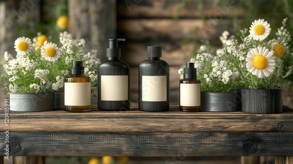 Fototapeta A rustic wooden shelf displaying various bottles of skincare products surrounded by blooming flowers
