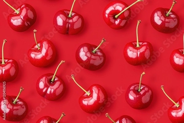 Fototapeta Seamless pattern of glossy red cherries on soft red backdrop, highlighting natural beauty and freshness.