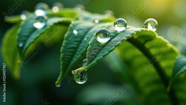 Obraz Close-Up of Dew Drops on a Green Fern Leaf in Morning Light

