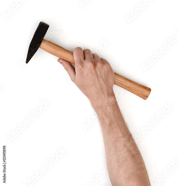 Fototapeta Close-up view of a man's hand holding hammer, isolated on white background