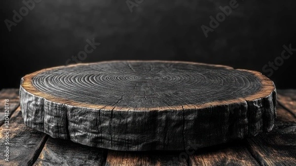 Fototapeta Rustic wooden slab with intricate grain patterns, set against a dark backdrop, ideal for food presentation