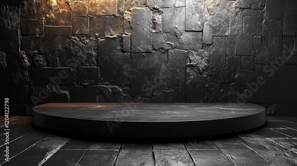 Fototapeta Dark, textured stage platform in an industrial setting with dramatic lighting and stone walls