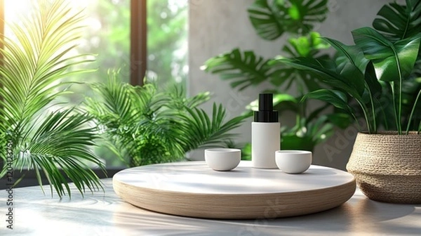 Fototapeta Modern minimalist decor featuring a round wooden tray with two small cups and a skincare bottle, surrounded by lush greenery in a bright, sunlit room
