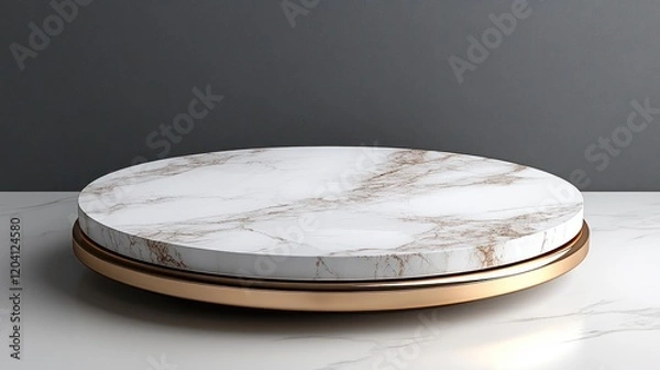 Fototapeta Elegant marble display stand with golden accents, set against a minimalist gray background