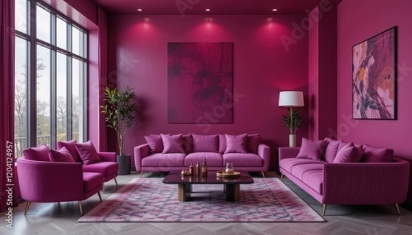 Fototapeta A striking living room showcases plush pink sofas and decorative cushions, all bathed in natural light pouring through large windows. Art pieces add character