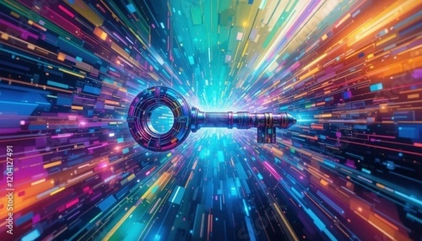 Fototapeta A vibrant key emerges from a dazzling array of colorful light and digital patterns, symbolizing access to a limitless realm of possibilities and innovation. The dynamic energy reflects creativity