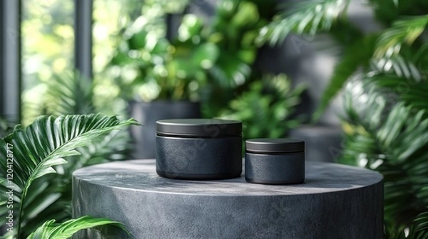 Fototapeta Elegant black containers on a stone pedestal surrounded by lush greenery in a serene indoor setting
