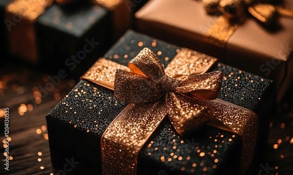 Fototapeta Close-up of elegant black gift boxes adorned with gold glitter ribbons, set on a dark wooden surface with bokeh lights.