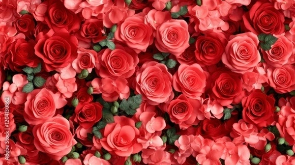 Fototapeta Miniature red roses with delicate green leaves create a vibrant seamless pattern, perfect for fabric and wallpaper designs.
