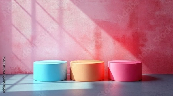 Fototapeta Three colorful cylindrical stools arranged in a modern interior with a pink wall and soft shadows