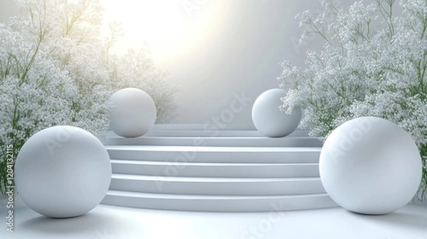 Fototapeta Serene white spheres on elegant steps surrounded by blooming flowers in a bright, tranquil setting