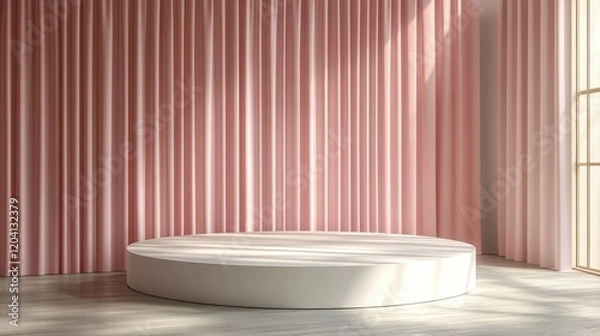 Fototapeta Modern minimalist studio space with a circular platform, soft pink curtains, and natural light streaming in