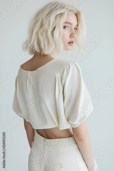 Obraz Female fashion concept. Portrait of a beautiful young model wearing white designer clothes and posing on light gray background. Catalogue, campaign style. Studio shot