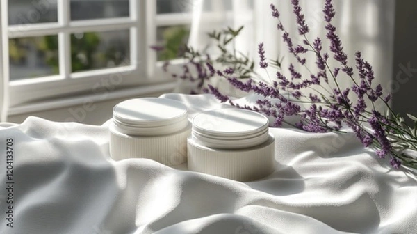 Fototapeta Two cream jars placed on a soft fabric with lavender flowers, illuminated by natural light from a window