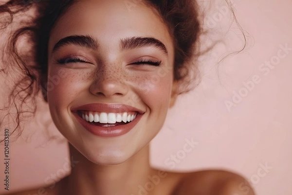 Fototapeta Portrait of a smiling girl. Minimal trendy happy idea with beige-brown background.