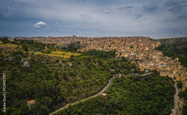 Fototapeta Aerial panoramic view of Ragusa, a UNESCO heritage town on Italian island of Sicily. June 2023